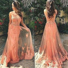 New Illusion Evening Dress Applique Backless Peach vestidos largo Islamic Dubai Elegant Long Evening Gown Prom Dress