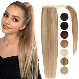 Wraps around Ponytail Human Hair Remy Hair Extensions Brazilian Hair Extensions Clip Ins Natural Blonde Brown Color 27/613 14" 120g