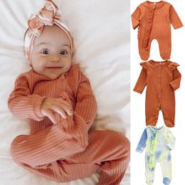 12 Styles Baby Solid Jumpsuit Long Sleeve Zipper Button Wrap Foot Pit Striped Romper Clothes Tie Dye Newborn Boys Girl Romper Clothing M2680