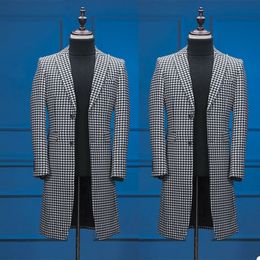 Black Check Mens Long Jacket Suits Two Button Peak Lapel Formal Groom Warm Wear Tuxedos Only One piece