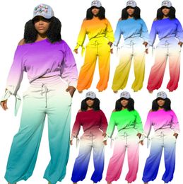 Plus size 2XL fall winter women long sleeve sweatshirt wide leg pants gradient two piece set outfits hoodies loose pants tracksuits 3875