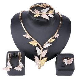 African Jewelry Sets Butterfly Crystal Necklace Bracelet Dubai Gold Jewelry Set for Women Wedding Party Earrings Ring Jewelry