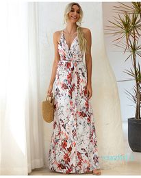 Heißer Verkauf Frauen Kleider Sexy Tiefem V-ausschnitt Floral Verband Kleid Hohe Taille Mode Lässig Strand Split Kleider Spaghetti Strap backless