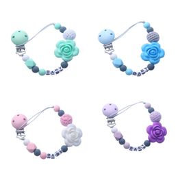 Personalised Name Silicone Pacifier Holder Flower Beads Teething Clip Chain Dummy Clips 5 Colors