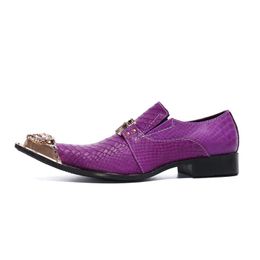 Dress Shoes Summer Men's Fashion Trend Iron Head Metal Toe Purple Leather Single Snakeskin Grain Medium Heel