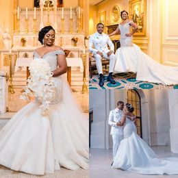 Luxury Beading Mermaid Wedding Dresses Off the Shoulder Cap Sleeves Plus Size Chapel Train Wedding Bridal Gown vestido de novia