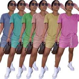 Summer Women clothes short sleeve shorts outfits 2 piece set sportswear jogging sport suit sweatshirt casual stripe T-shirt + shorts klw4704