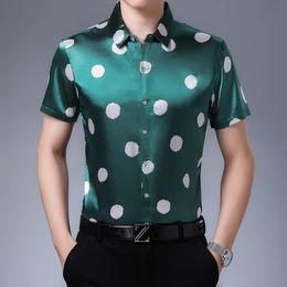 Summer Male Polka Dots Shirts Mens Dots Printing Silk Clothes Fashion Short Sleeve Soft Satin Silk Dress Shirts