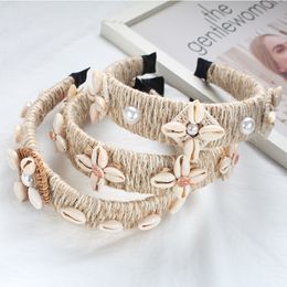 Fashion New Baroque Women's Hairband Pearl Shell Bohemian Linen Rope Straw Hairband Retro Hair Accessories