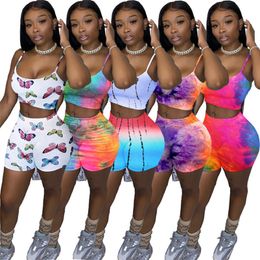 Womens sportswear gallus + shorts outfits two piece set casual sport suit new hot selling fashion print summer women clothes klw4689