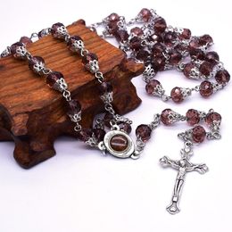 Christ Catholic Violet Crystal Jerusalem Handmade Jesus Rosary Cross Necklace Religion Christian Accessories Christmas Gift