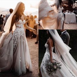 Vintage Sweetheart Bohemian Wedding Dresses Bridal Gowns A-Line 2022 Sexy Sleeveless Side Split Lace Applique Beads Country Boho Bride Dress