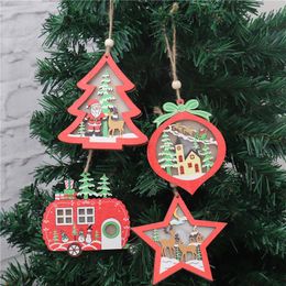 Xmas Tree Pendant with Light Merry Christmas Hollow Wooden Ornament Car Tree Star Shaped Pendant with LED Light
