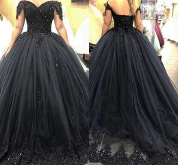 Black Lace Tulle Vestidos De Quinceanera Unique Short Sleeve Off The Shoulder Applique Beads Sequins Lace-up Prom Ball Gowns Sweet 16 Dress