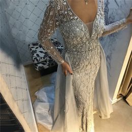 Major Beading Mermaid Evening Dresses With Detachable Train Beads Sequins Overskirt Prom Dress Illusion Full Sleeves Party Vestidos African