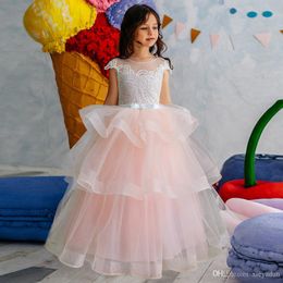 white fluffy robe Canada - Fashion White Pink Ball Gown Dresses for Girls for a Wedding Robe Lace Tulle Dress with Flowers for Girls, Fluffy Dresses with Floral Patter