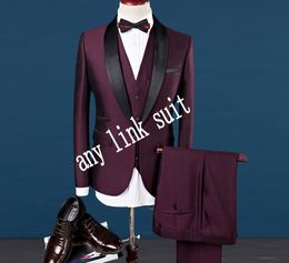 Popular One Button Burgundy Groom Tuxedos Shawl Lapel Groomsmen Mens Suits Wedding/Prom/Dinner Blazer (Jacket+Pants+Vest+Tie) K531