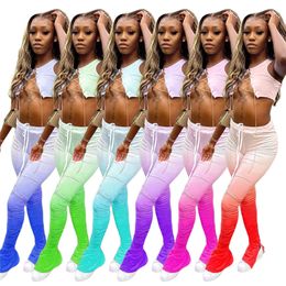 XS Exral small-2X Summer Women crop top stack pants two piece set casual gradient outfits sleeveless bandage vest flared pants outfits 3637