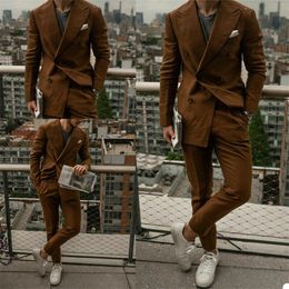 2piece coatpant handsome brown suits custom made men suits cotton double breasted tuxedos peaked lapel blazer business suit