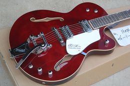 Factory Custom Semi-hollow Wine red Electric Guitar with Chrome Hardwares,Tremolo System,Silver Pickguard,Can be Customised