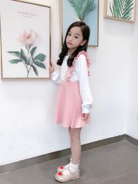 Lovely and gentle autumn girl's small pink skirt knitted shoulder skirt two piece cotton white top k9236