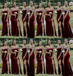 2020 African Bridesmaid Dresses Velvet Plus Size Black Girl Custom Made Beaded Crystal Side Slit Mermaid Maid of Honour Gown Wedding Guest