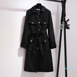 Fashion- Temperament thin Long Tweed Trench Coat Large Size 6XL Women's Windbreaker Spring Autumn Coats black Overcoats N1168