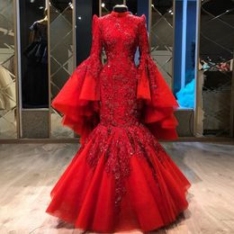 asymmetrical evening dresses UK - Gorgeous Red Mermaid Muslim Evening Dresses High Neck Asymmetrical Long Sleeve Beading Formal Evening Gowns Plus Size Prom Dress