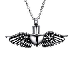 Titanium Men Women Couples Urn Lockets Necklaces Cremation Memorial Perfume Bottle Angel Wings In Heart Lovers Pendant Ashes Box Jewellery