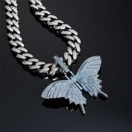 White Gold Plated Micro Paved Blue CZ Butterfly Pendant Necklace with CZ Tennis Cuban Chain for Men Women Hot Gift