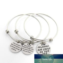 Adjustable Stainless Steel Bracelets For Womens Inspirational Words Metal Card Charm Bracelet "SHE BELIEVED SHE COULD