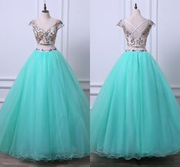 Major Beading Colorful Crystals Prom Dresses 8th Grade Two Piece A-line Quinceanera Dress Sweetheart Unique Satin Backless Pageant Gowns