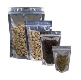 translucent and Aluminium foil stand up pouch bag silver and transparent food storage package bag recyclable