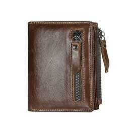 Vintage Men Wallets with Double Zipper Coin Pocket Genuine Leather Male Purses Brown Wallet for Men
