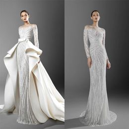 Zuhair Murad 2021 Mermaid Wedding Dresses with Detachable Train Glitter Appliques Beaded Bridal Gowns with Bow Sash Sexy robes de mariée