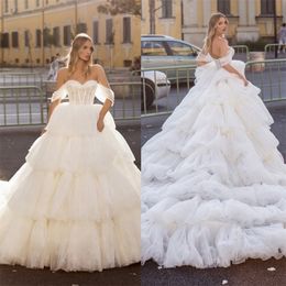 luxury offshoulder wedding dresses puffy sequins beads tiered tulle wedding gown sexy backless custom made sweep train robes de marie