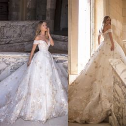 Luxury Puffy A-line Wedding Dresses Sexy Off-shoulder Backless Sequins Lace Applique Ruched Tulle Bridal Gown Castle Church Wedding Dress