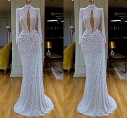 Graceful Keyhole Mermaid Sequined Evening Dresses Deep V Neck Full Sleeve Draped Sweep Train Dress Evening Wear robes de bal vestidos de