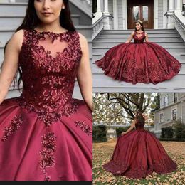 2021 Borgogna Abiti Quinceanera Gioiello Sheer Neck Paillettes Applique in pizzo Ricamo Tulle Senza maniche Ballgown Prom Abiti da sera formale