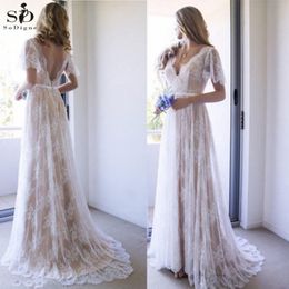 Champagne Boho Wedding Dresses 2020 Short Sleeves V Neck Lace Applique Backless Bridal Dress Beach Wedding Gowns robe de mariee