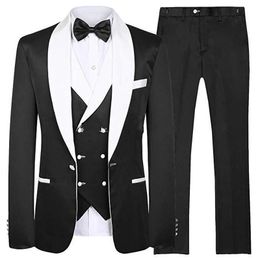 Fashion Black Groom Tuxedos White Shawl Lapel Groomsman Wedding Tuxedos Men Prom Jacket Blazer 3 Piece Suit(Jacket+Pants+Tie+Vest) 32