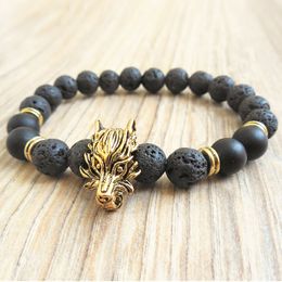 MG0778 New Design Wolf Head Men`s Bracelet Dragon Vein Agates Bracelet Matte Black Onyx Lava Stone Bracelet