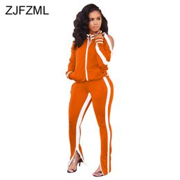 Autumn Winter Two Piece Set Tracksuit For Women Long Sleeve Striped Coat And Skinny Pants Sweat Suits Casual Sportswear Outfits T200810