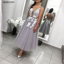 grey V Neck Ankle-Length short Prom Dresses Vestido De Festia beaded deep v neck Open Backless Sexy Lace A-Line Evening Party Gowns