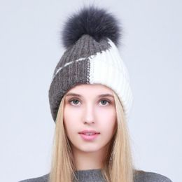 Women Colorblock Cashmere Beanie Hats Winter Casual Warm Wool Pompon Beanies Ladies Colorblock Hats with Real Fur Pompom