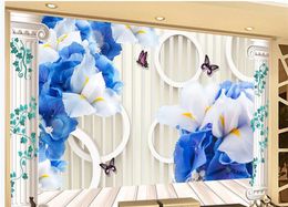 beautiful scenery wallpapers Three-dimensional blue flower wallpapers butterfly love flower living room TV background wall