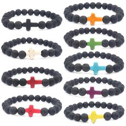 Lava Stone Beads Bracelets Natural Black Essential Oil Diffuser Elastic cross Bracelet Volcanic Rock Beaded Hand Strings jewelry