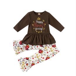 Thanksgiving Day Kids Clothing Sets Turkey Letter Print Long Sleeve Top + Flare Trousers 2Pcs/Set Maple Leaf Outfits M2640