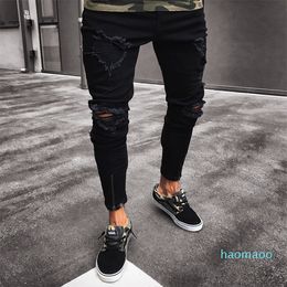 Fashion-Mens Cool Brand Black Jeans Skinny Ripped Destroyed Stretch Slim Fit Hop Hop Pants With Holes For Men