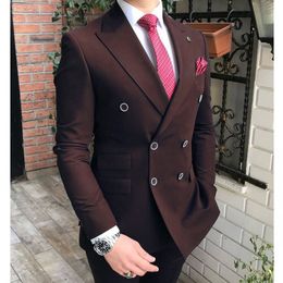 Double Breasted Men Suits Dark Brown Groom Tuxedos Peak Lapel Groomsmen Wedding/Prom Best Man 2 Pieces ( Jacket + Pants +Tie ) L576